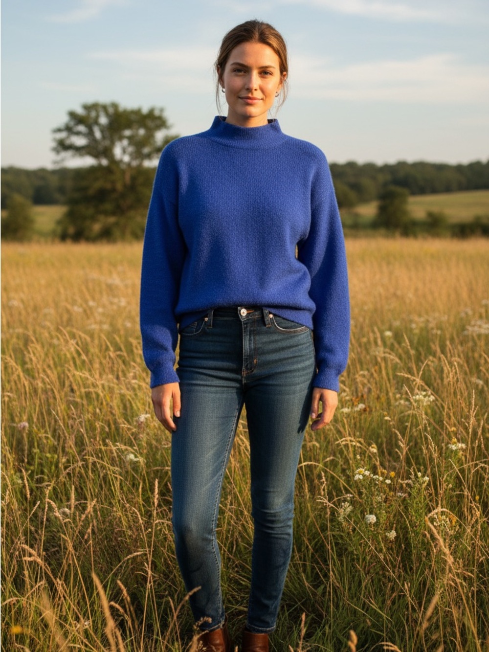 Vintage St. John Sportswear by Marie Gray Blue Knit Mock Neck Sweater Large